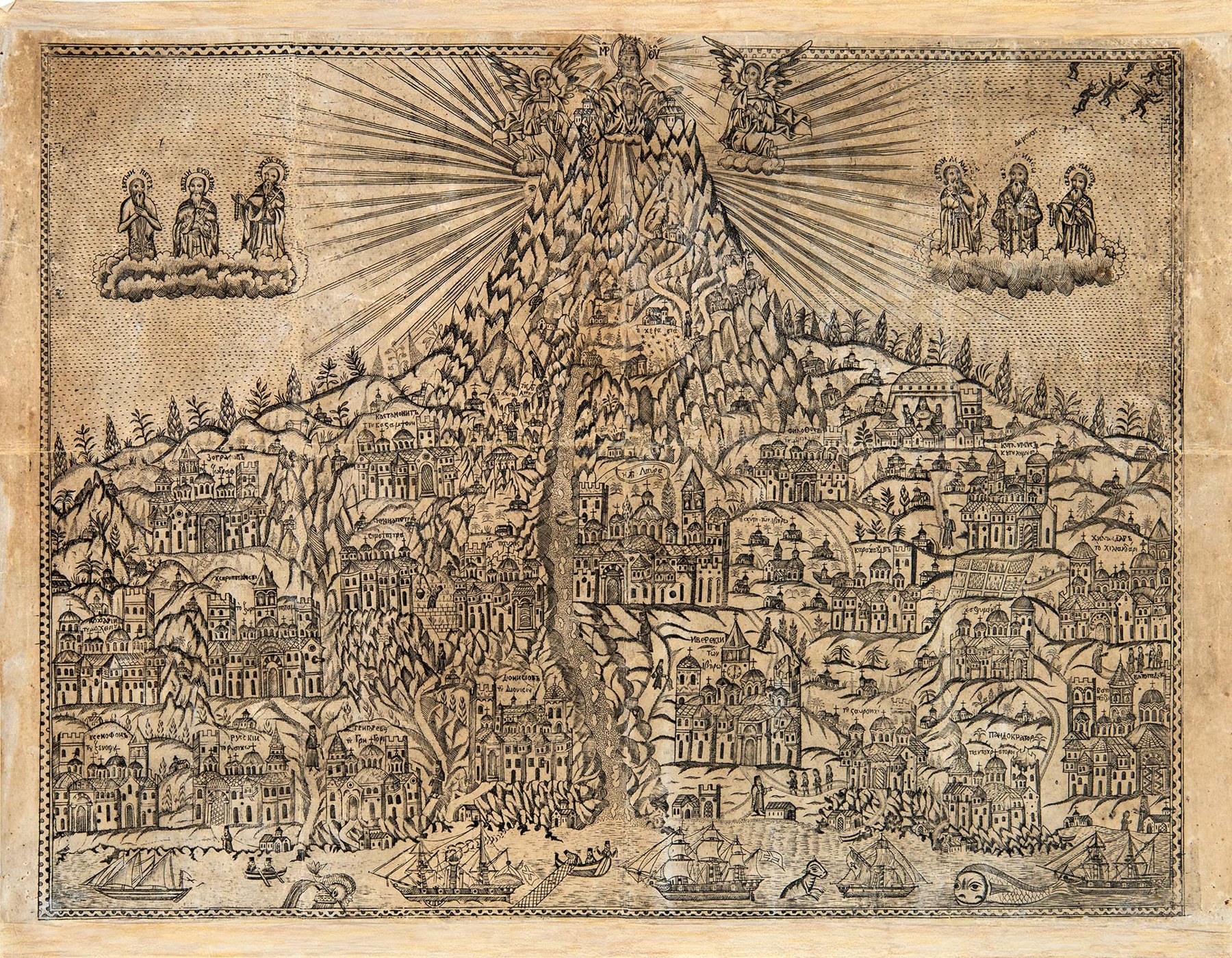 Carte et icône de papier grecque du XVIIe siècle représentant le mont Athos et ses monastères.
