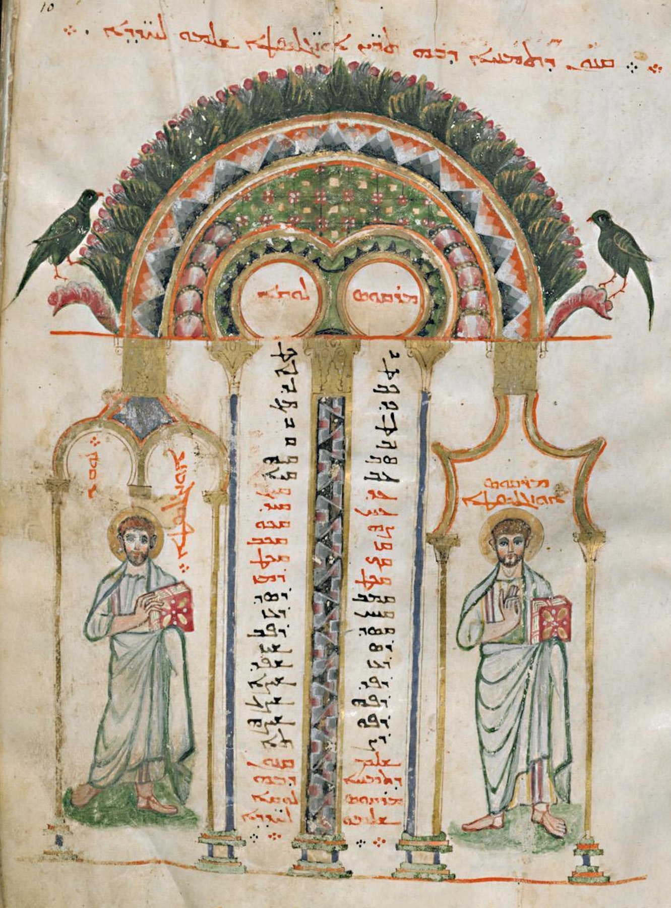 Folio 10r des Évangiles de Rabbula avec table canonique et portraits de Luc et Marc.