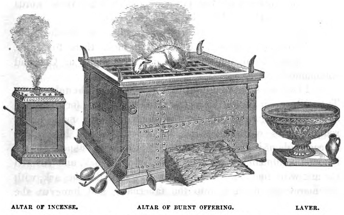 Illustration du XIXe siècle représentant un autel des parfums, un autel des holocaustes et une cuve.
