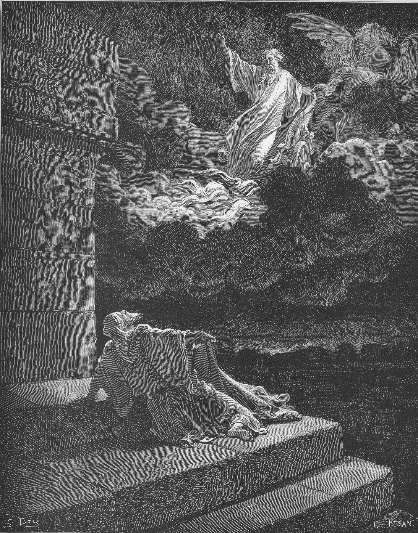 Élie enlevé au ciel dans un char de feu selon Gustave Doré.