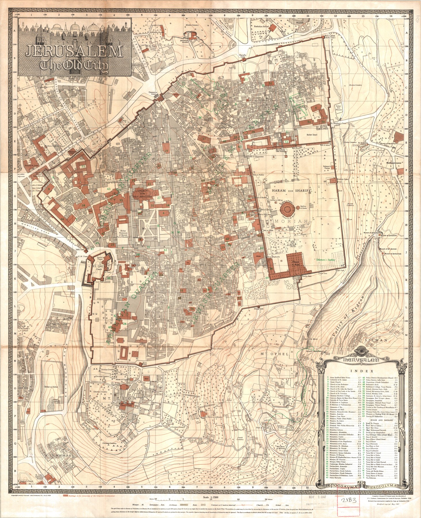 Plan détaillé de la vieille ville de Jérusalem dressé par le Survey of Palestine en 1936.